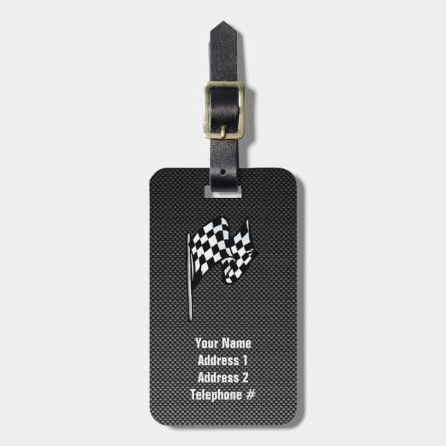 Carbon Fibre look Chequered Flag Luggage Tag (Front Vertical)