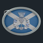 Carbon Fibre Print Scotland Flag Belt Buckle<br><div class="desc">A silver chrome like Scottish thistle applique design on a racy blue carbon fibre style Scotland flag print background for a great custom gift. Embroidery designs are available in a selection of popular colour options. Use the "Ask this Designer" link to contact us with your special design requests or for...</div>