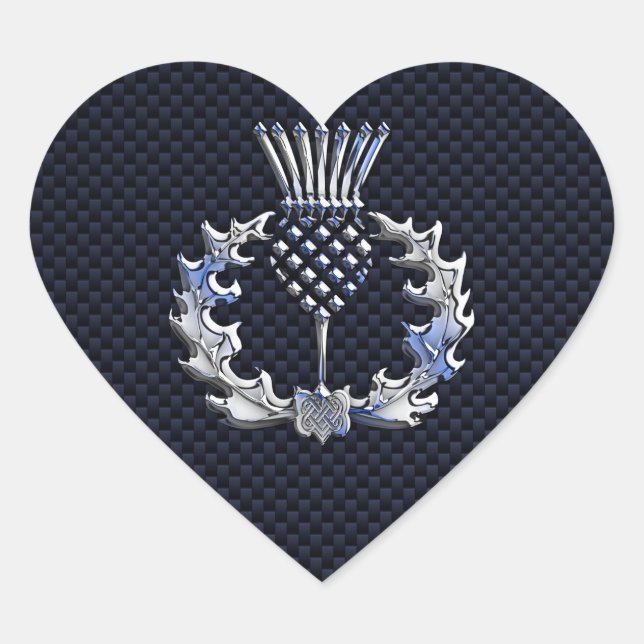Carbon Fibre Print Silver Scottish Thistle Heart Sticker (Front)