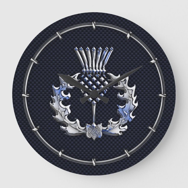 Carbon Fibre Print Silver Scottish Thistle Large Clock (Front)