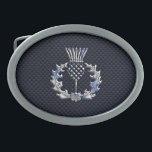 Carbon Fibre Print Silver Scottish Thistle Oval Belt Buckle<br><div class="desc">A silver chrome like Scottish thistle applique design on a racy navy blue carbon fibre style print background. Embroidery designs are available in a selection of popular colour options. Use the "Ask this Designer" link to contact us with your special design requests or for some assistance with your customisation project....</div>