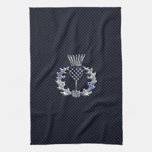Carbon Fibre Print Silver Scottish Thistle Tea Towel