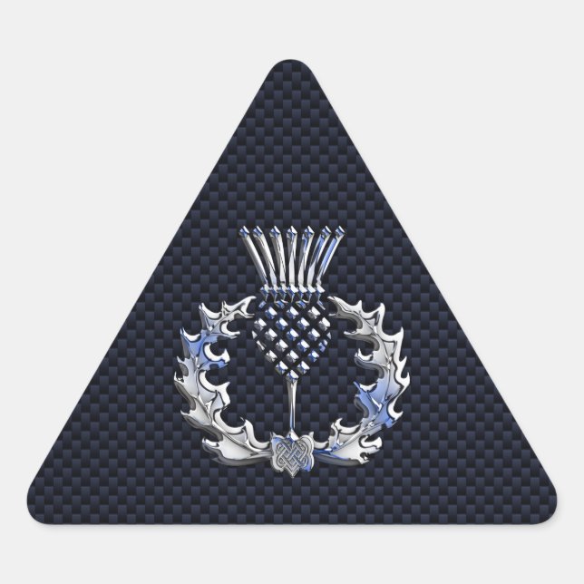 Carbon Fibre Print Silver Scottish Thistle Triangle Sticker (Front)