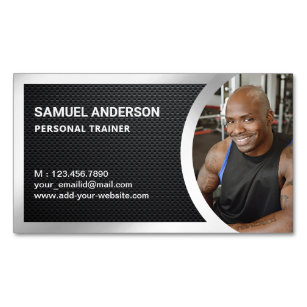 Carbon Fibre Silver Fitness Personal Trainer Photo Magnetic Business Card