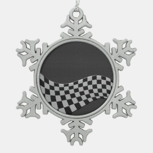 Carbon Fibre Style Chequered Racing Flag Wave Snowflake Pewter Christmas Ornament