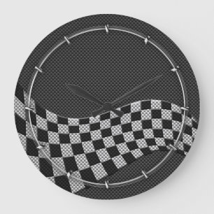 Carbon Fibre Style Racing Flag Checkers Wave Print Large Clock