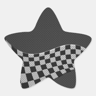 Carbon Fibre Style Racing Flag Checkers Wave Print Star Sticker