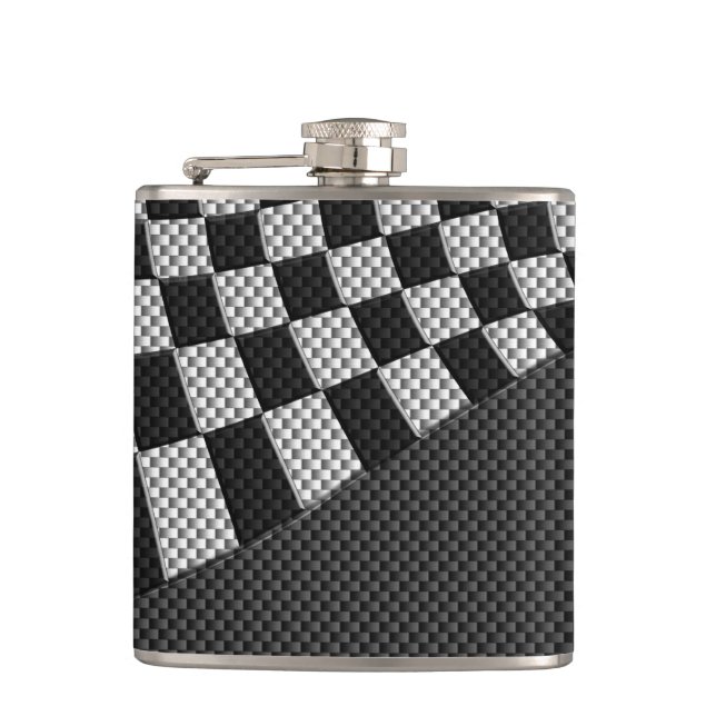 Carbon Fibre Style Racing Flag Wave Decor Hip Flask (Front)