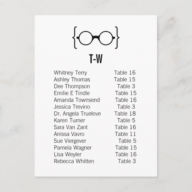 Card 13 Geeky Glasses Seating Chart Postcard v1 (Front)