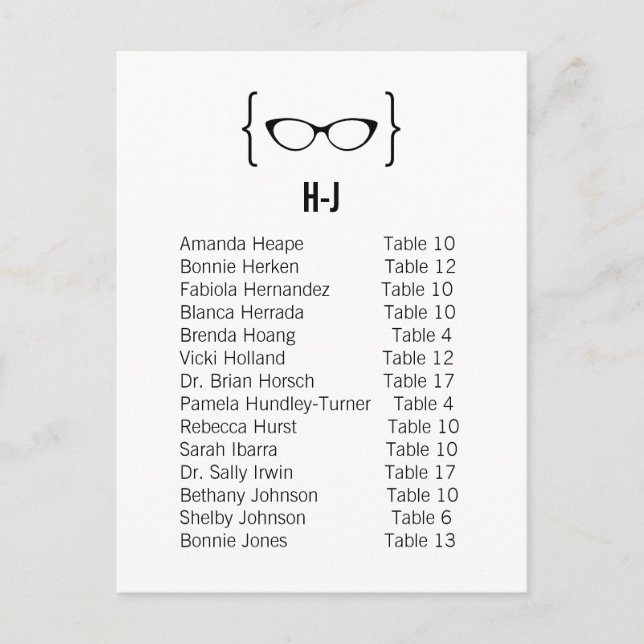 Card 6 Geeky Glasses Seating Chart Postcard v2 (Front)