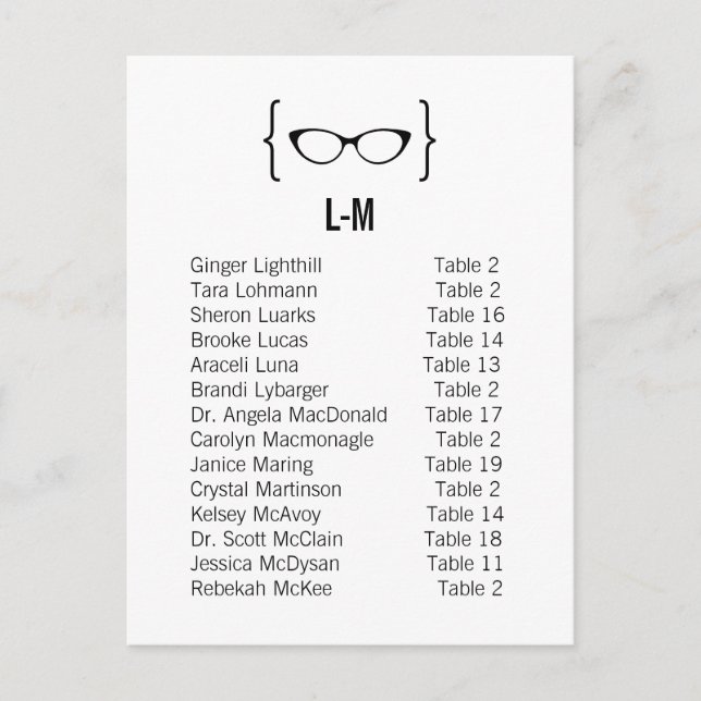 Card 8 Geeky Glasses Seating Chart Postcard v2 (Front)