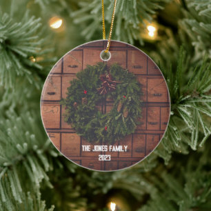 Card Catalogue Wreath Personalised Family Name Ceramic Ornament