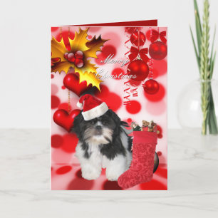 Card Christmas Xmas Dog Shitzu Puppy Hat Hearts