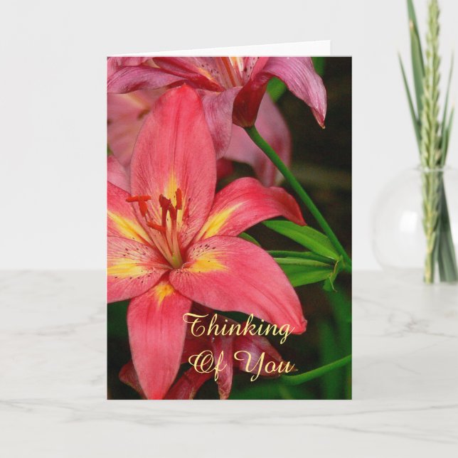 CARD, CORAL RED AND YELLOW DAYLILY/THINKING OF YOU CARD (Front)