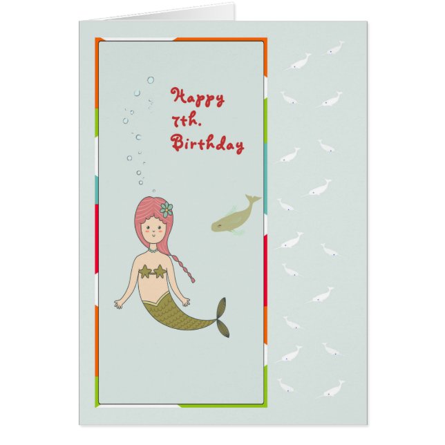 Card for a 7th Birthday, Mermaid with Fish (Front)