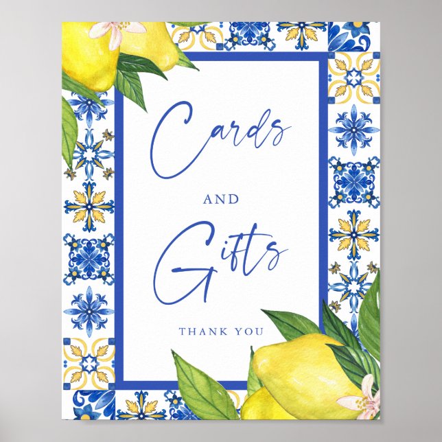 Card & Gifts Blue Tiles Lemons Bridal Shower Sign (Front)