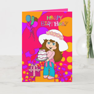 Card Kid's Girls Happy Birthday Girl Cake Balloons