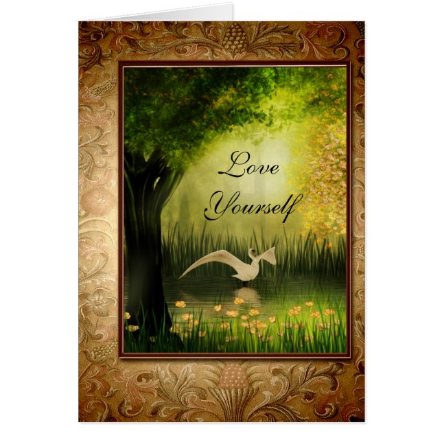 Card Love Yourself Gold Frame Bird On Lake (Front)