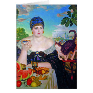 Card: Merchant's Wife & Cat by Boris Kustodiev