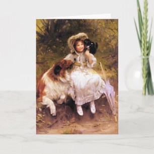 Card or Invitation:  Pet Collie Dog, Girl and Cat