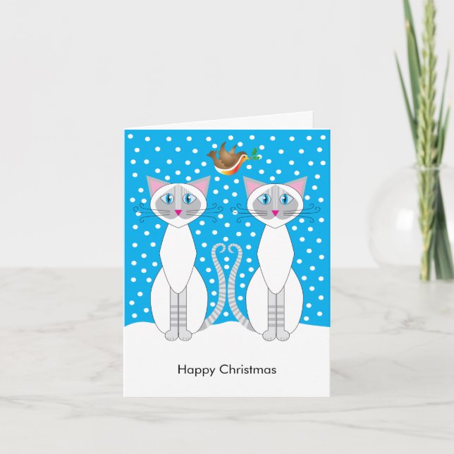 Card: Snowy Christmas cats and robin friend Holiday Card (Front)