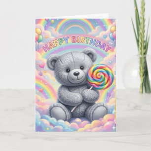 CARD Teddy Bear Rainbow Lollipop Birthday