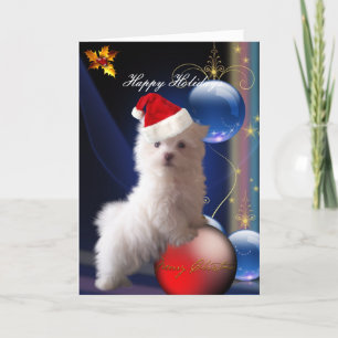 Card White Puppy Dog Flowers "Happy Holidays"