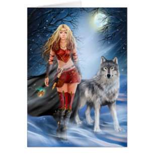 Card Winter Warrior Princess and  wolf