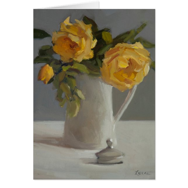 Card with yellow rose blooms in white vase. (Front)