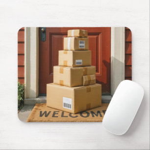Cardboard Boxes On a Welcome Mat Mouse Pad