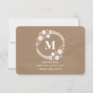 Cardboard Inspired White Wreath Monogram Save Date Save The Date