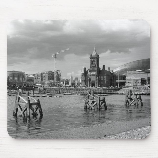 Cardiff Bay, Cardiff, Wales - Black and White Mouse Pad (Front)