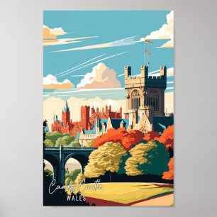 Cardiff Castle Wales vintage travel illustration Poster