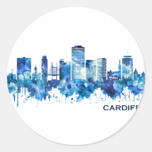 Cardiff Wales Skyline Blue Classic Round Sticker