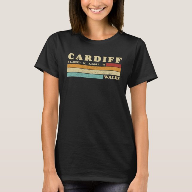 Cardiff Wales UK City Retro Longitude Latitude T-Shirt (Front)