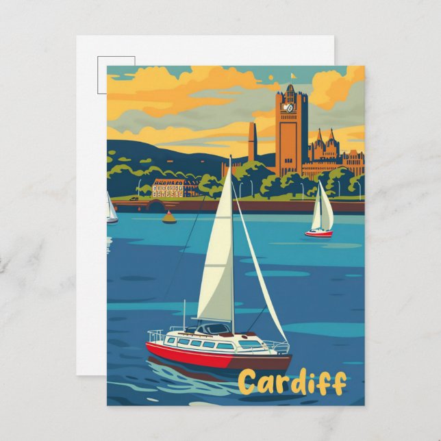 Cardiff Wales Vintage Retro Travel Illustration Postcard (Front/Back)