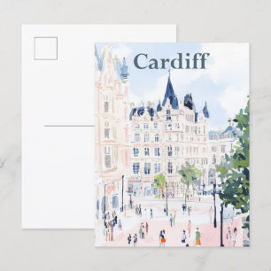 Cardiff Wales Watercolor Painting Travel Postcard