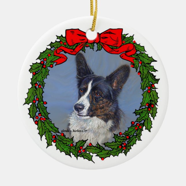 Cardigan Welsh Corgi Art by Glenda S. Harlan Ceramic Ornament (Front)