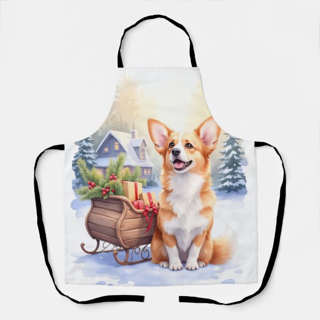 Cardigan Welsh Corgi Festive Sleigh Christmas Art Apron (Front)