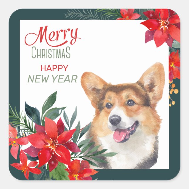 Cardigan Welsh Corgi Poinsettia Bouquet Christmas  Square Sticker (Front)