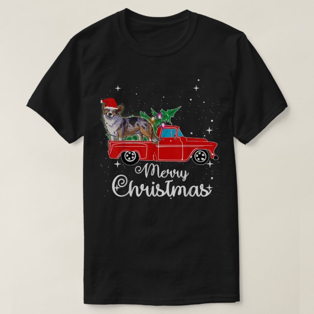Cardigan Welsh Corgi Ride Red Truck Christmas Funn T-Shirt (Design Front)