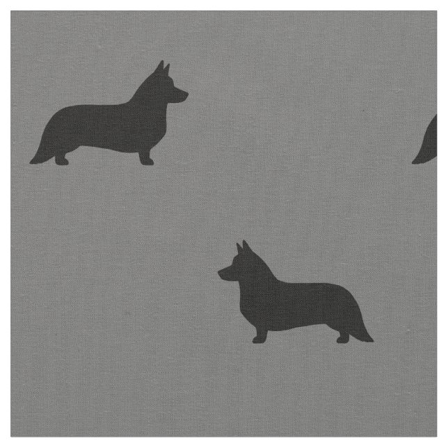 Cardigan Welsh Corgi Silhouettes Pattern Grey Fabric (Close Up)