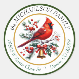 Cardinal and Bell Christmas Round Return Address Classic Round Sticker