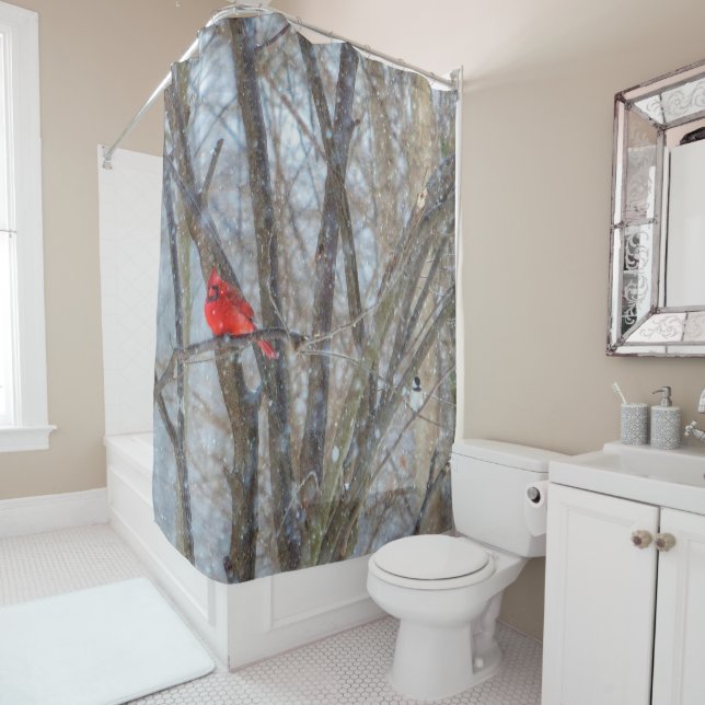 Cardinal and Chickadee Shower Curtain (In Situ)