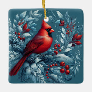 Cardinal and Christmas Holly Ceramic Ornament