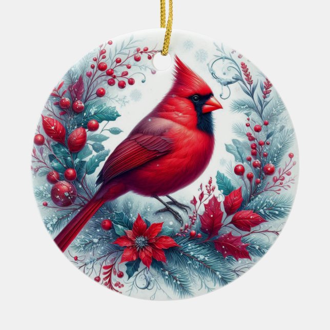 Cardinal and Christmas Holly Ceramic Ornament (Front)