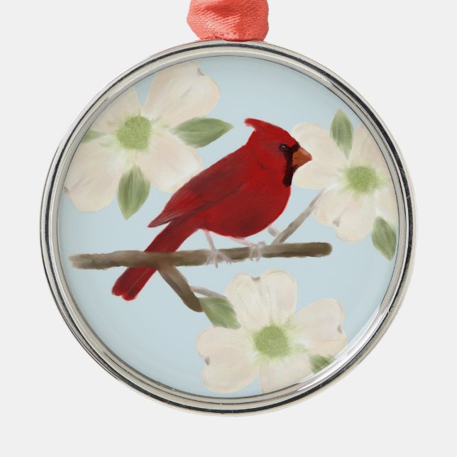 Cardinal and Dogwood Watercolor Ornament (Front)