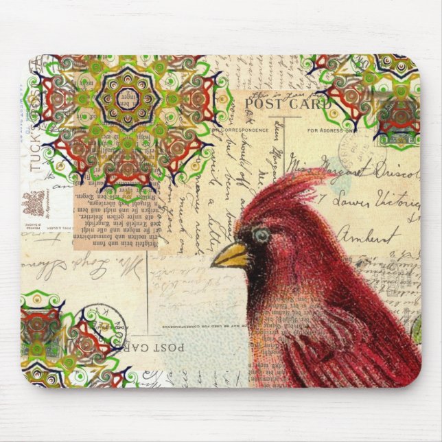 Cardinal and Ephemera Collage Mouse Pad (Front)