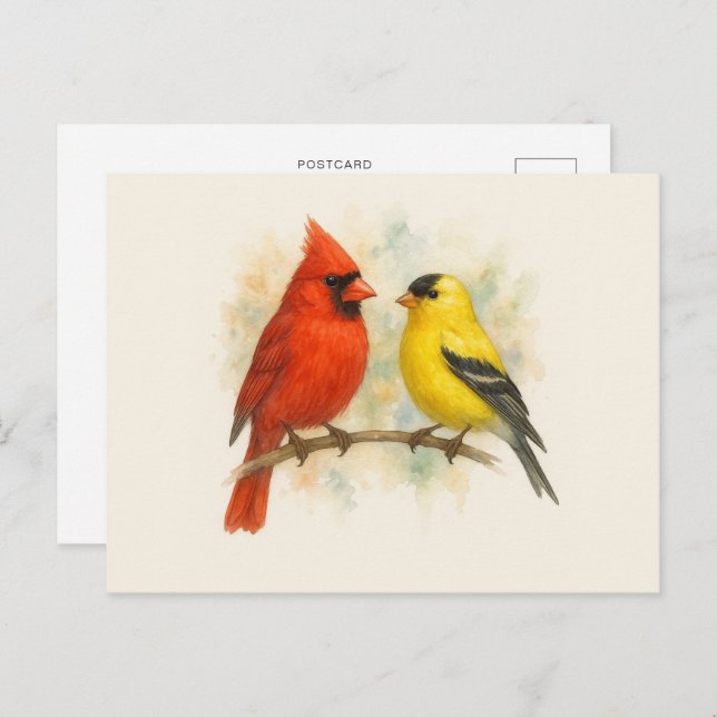 Cardinal and Goldfinch Watercolor Minimalist Postcard (Front/Back)