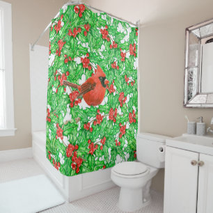Cardinal and holly berry watercolor pattern shower curtain